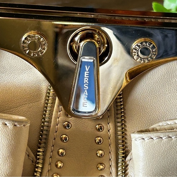 Authentic Versace Beige Leather Studded Frame Satchel with Shoulder Strap - Picture 9 of 16